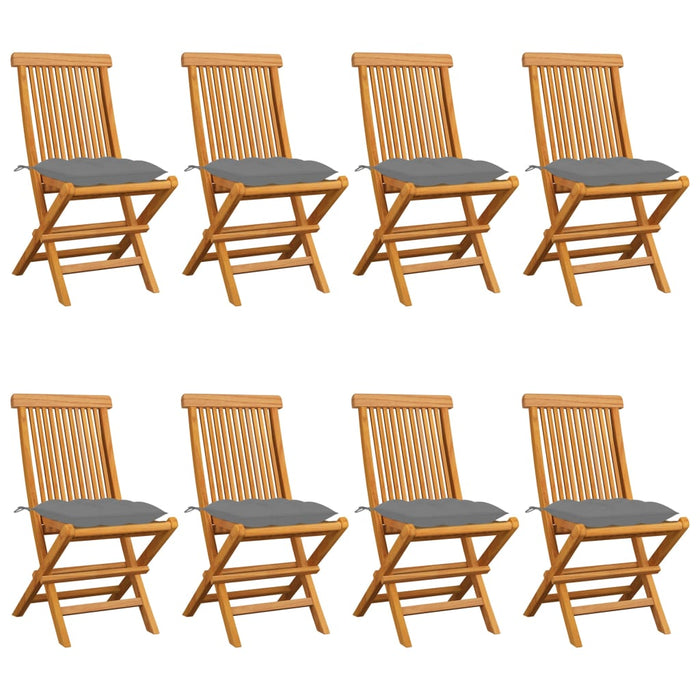 Gartenstühle mit Grauen Kissen 8 Stk. Massivholz Teak