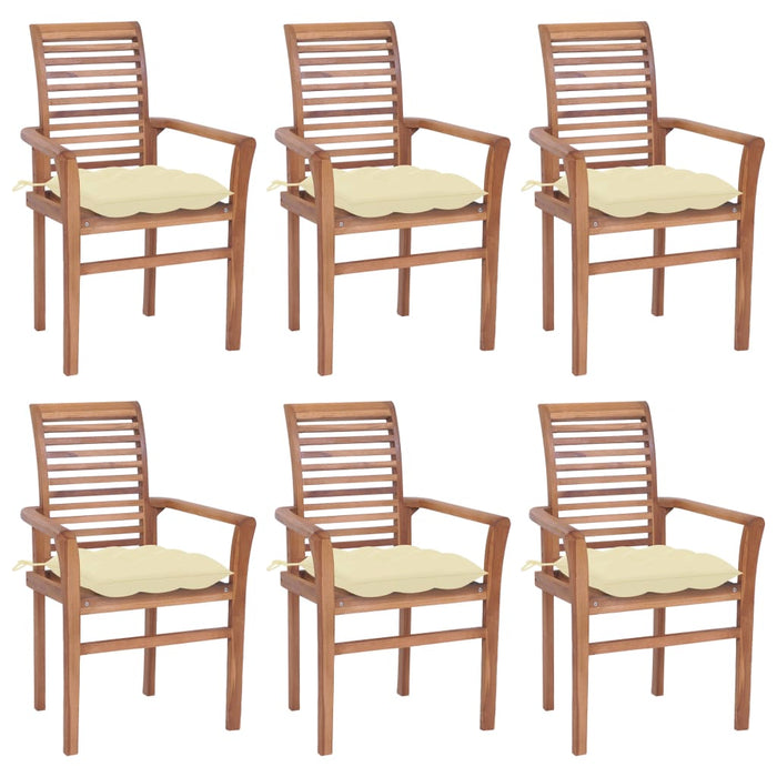 Dining chairs 6 pieces with cream white cushions made of solid teak wood