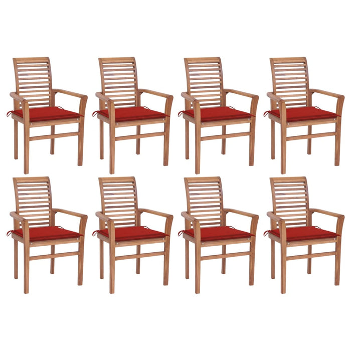 Essstühle 8 Stk. mit Roten Kissen Massivholz Teak
