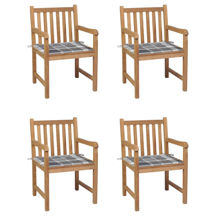 Garden chairs 4 pcs. Gray check pattern cushions solid teak wood