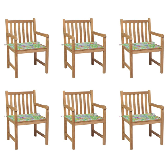 Gartenstühle 6 Stk. mit Blattmuster Kissen Massivholz Teak