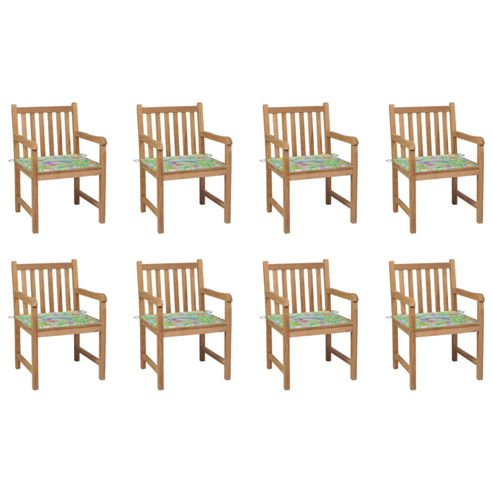 Gartenstühle 8 Stk. mit Blattmuster-Kissen Massivholz Teak