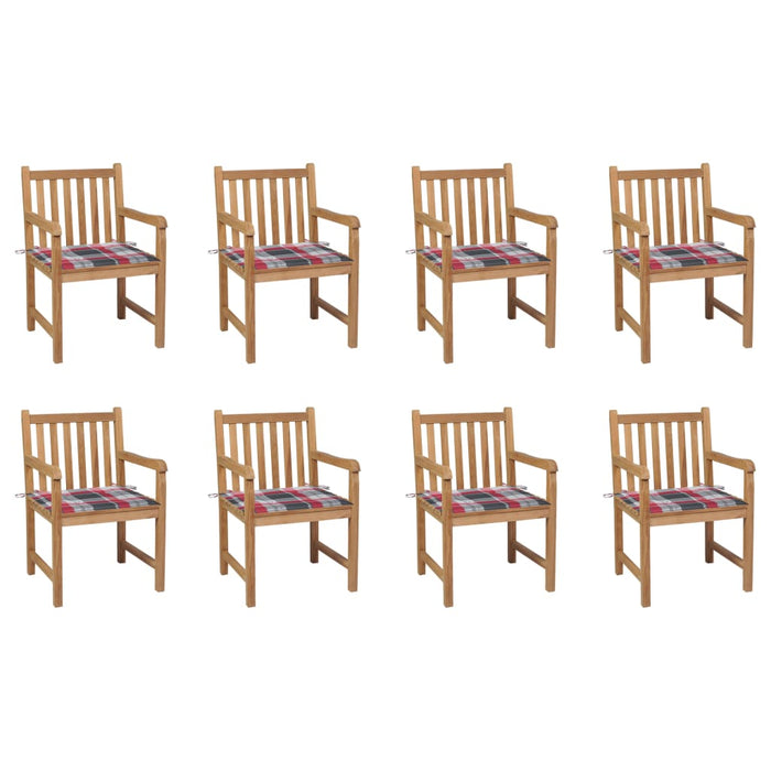 Garden chairs 8 pcs. Red check pattern cushions solid teak wood
