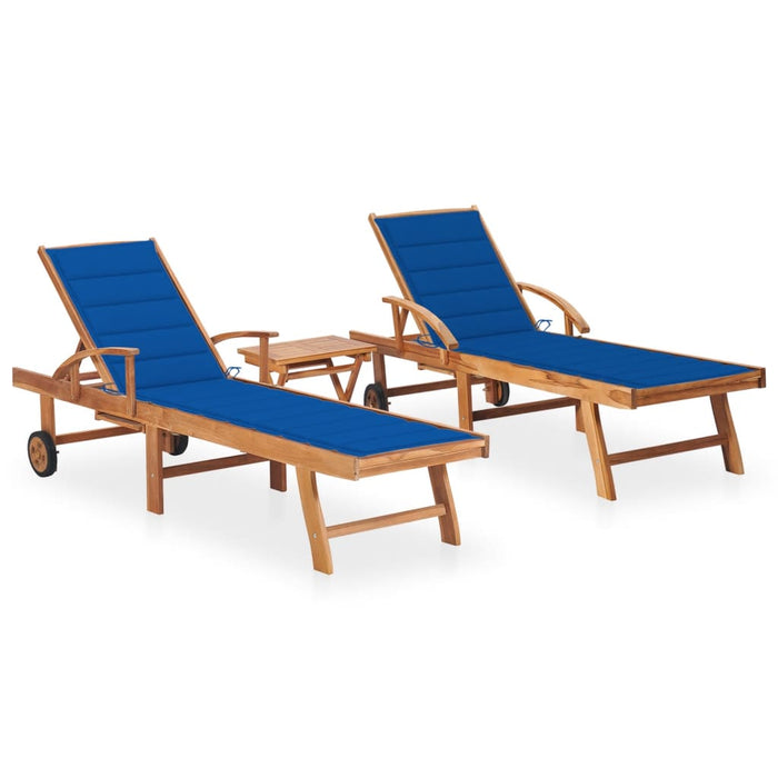 Sun loungers 2 pieces with table and cushions made of solid teak wood
