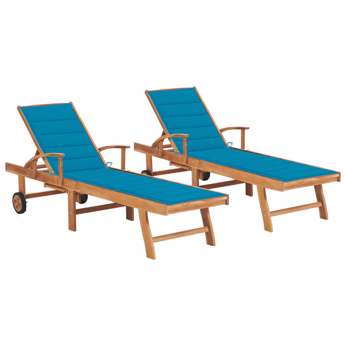 Sun loungers 2 pieces with cushions made of blue solid teak wood