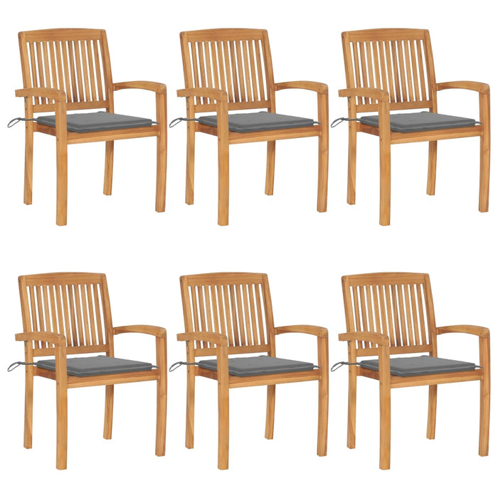 Stackable garden chairs with cushions 6 pcs. Solid teak wood