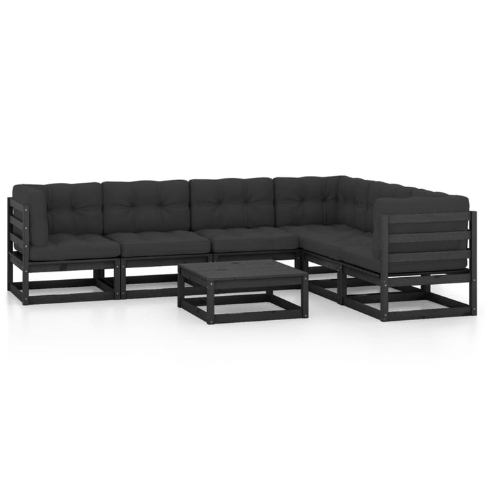 7-tlg. Garten-Lounge-Set mit Kissen Schwarz Kiefer Massivholz