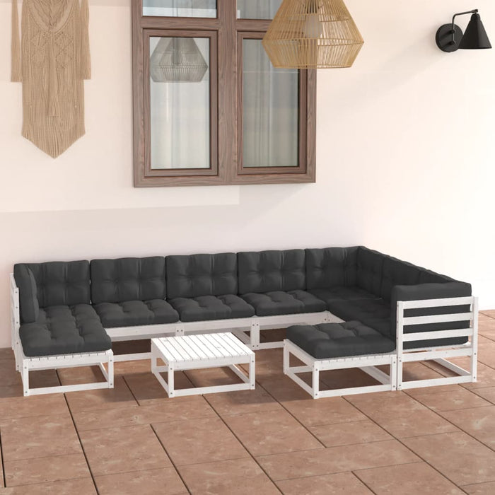 10-tlg. Garten-Lounge-Set mit Kissen Weiß Kiefer Massivholz