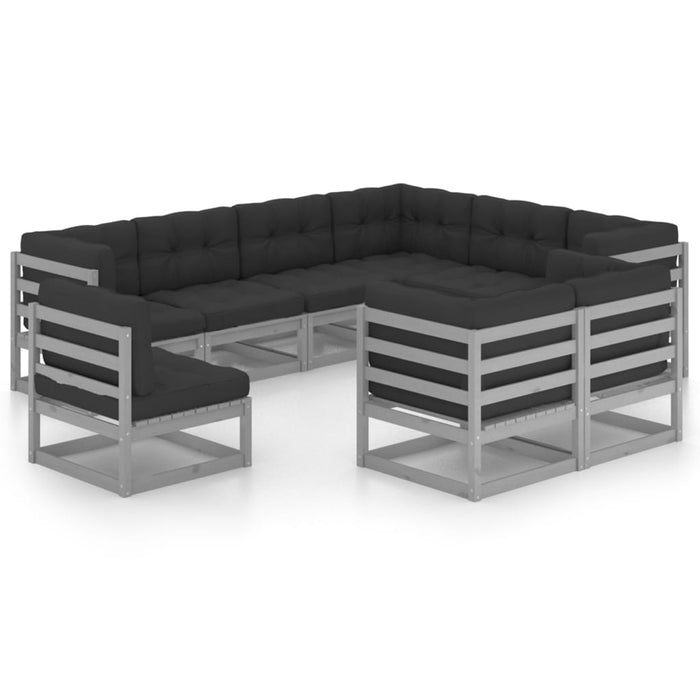 9-tlg. Garten-Lounge-Set mit Kissen Grau Kiefer Massivholz