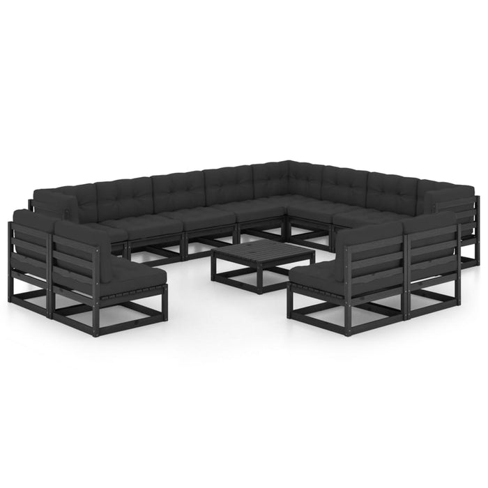 13-tlg. Garten-Lounge-Set mit Kissen Schwarz Kiefer Massivholz