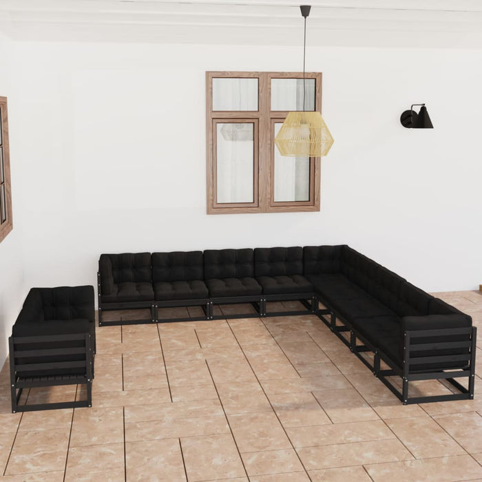 11-tlg. Garten-Lounge-Set mit Kissen Schwarz Massivholz Kiefer