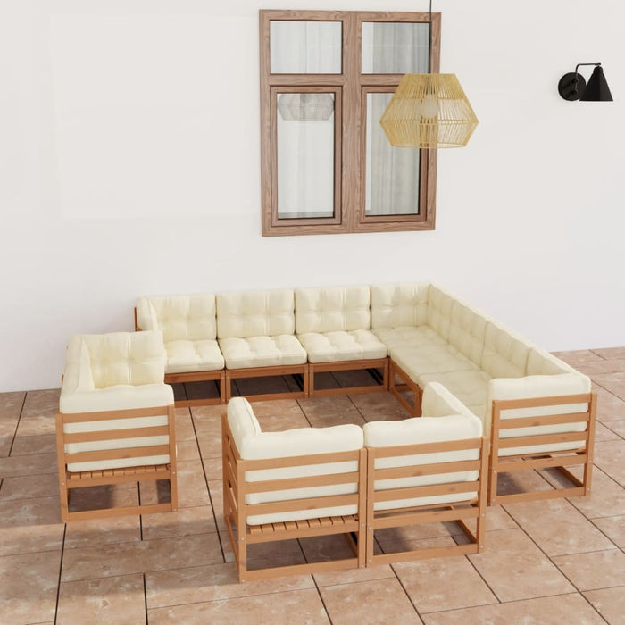 11-tlg. Garten-Lounge-Set Kissen Honigbraun Kiefer Massivholz