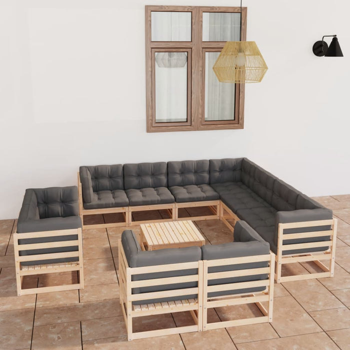 12-tlg. Garten-Lounge-Set mit Kissen Kiefer Massivholz