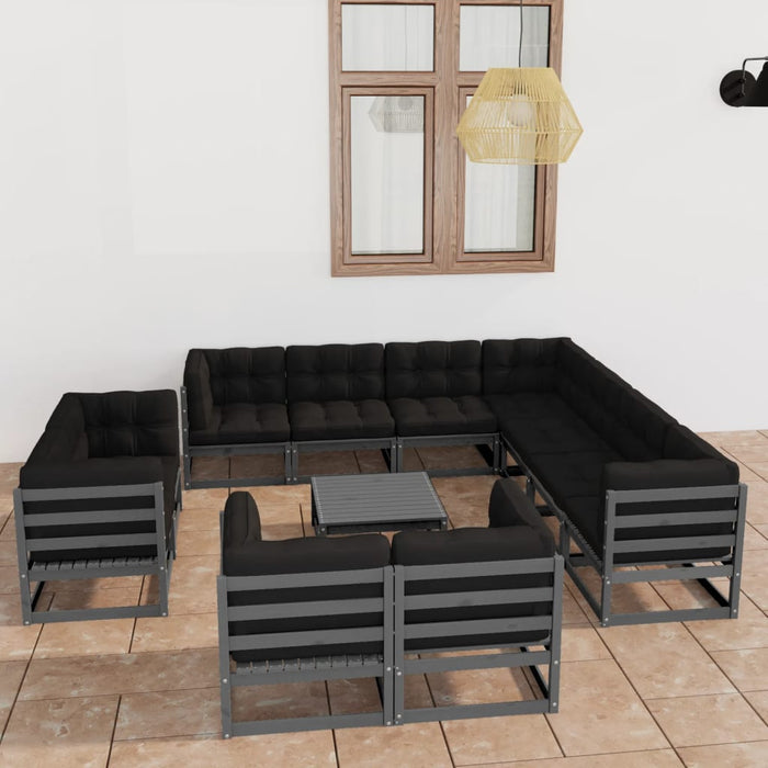 12-tlg. Garten-Lounge-Set mit Kissen Grau Kiefer Massivholz