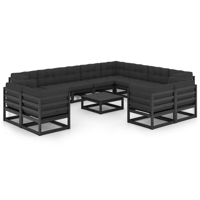 13-tlg. Garten-Lounge-Set mit Kissen Schwarz Kiefer Massivholz