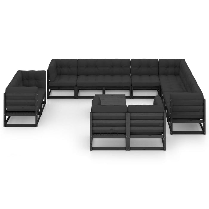 13-tlg. Garten-Lounge-Set mit Kissen Schwarz Kiefer Massivholz