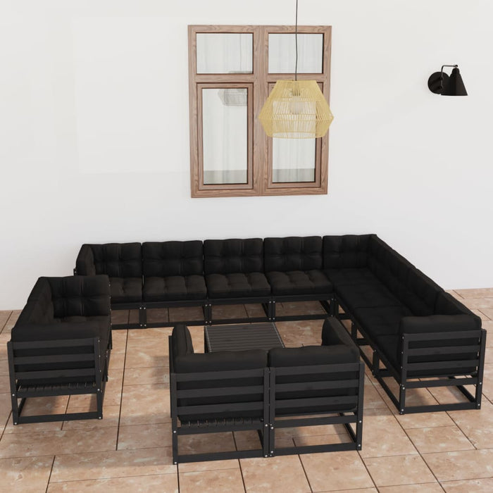 13-tlg. Garten-Lounge-Set mit Kissen Schwarz Kiefer Massivholz