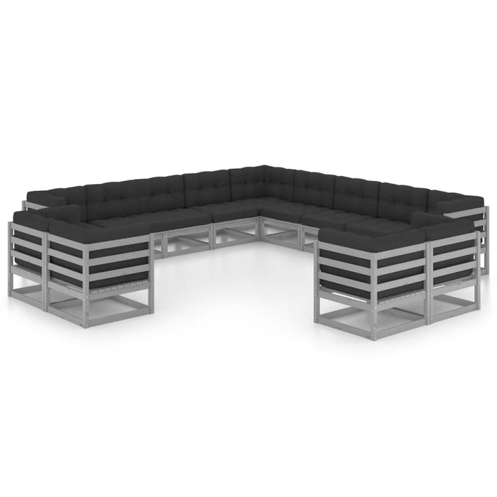 13-tlg. Garten-Lounge-Set mit Kissen Grau Kiefer Massivholz