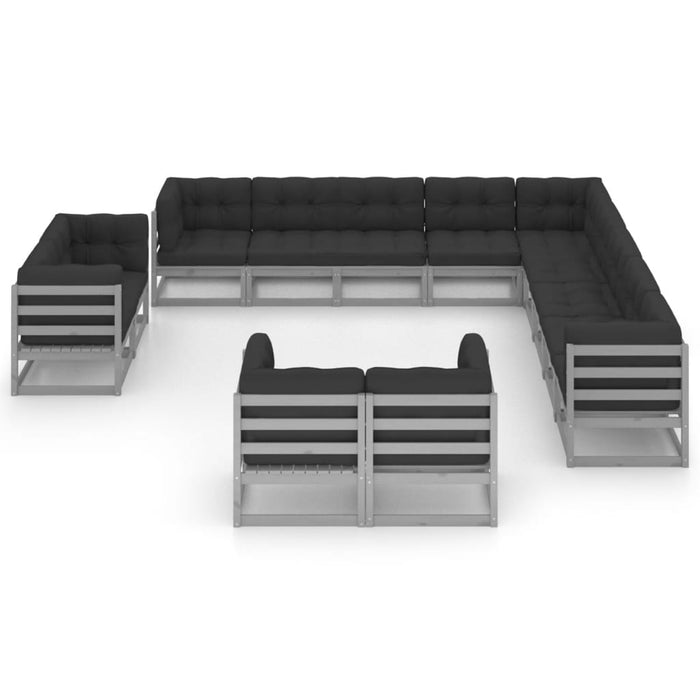13-tlg. Garten-Lounge-Set mit Kissen Grau Kiefer Massivholz