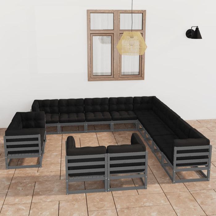 13-tlg. Garten-Lounge-Set mit Kissen Grau Kiefer Massivholz