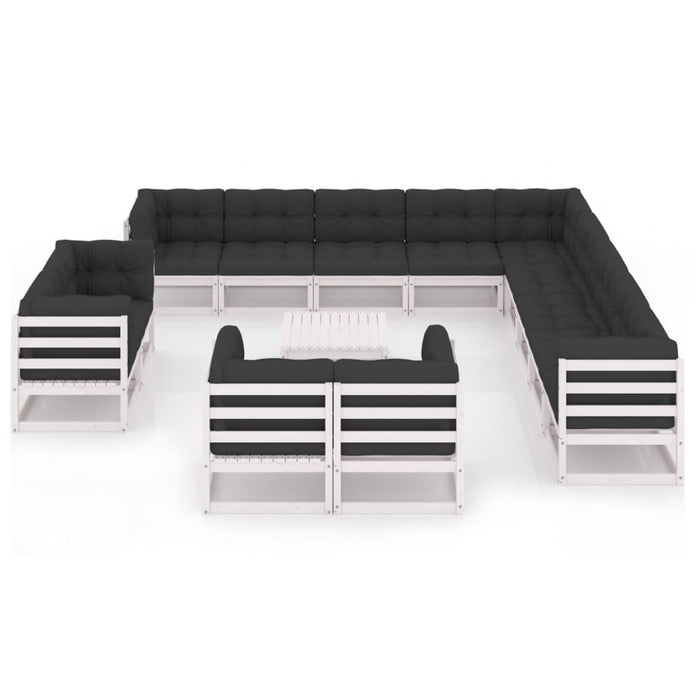 14-tlg. Garten-Lounge-Set mit Kissen Weiß Kiefer Massivholz