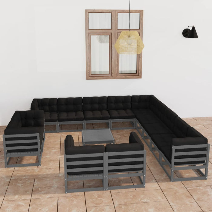 14-tlg. Garten-Lounge-Set mit Kissen Grau Kiefer Massivholz