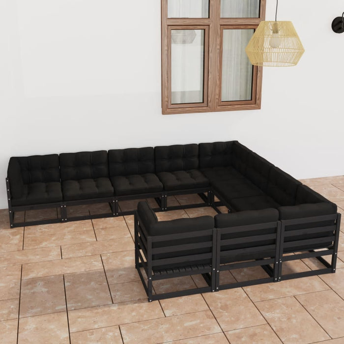 10-tlg. Garten-Lounge-Set mit Kissen Schwarz Kiefer Massivholz