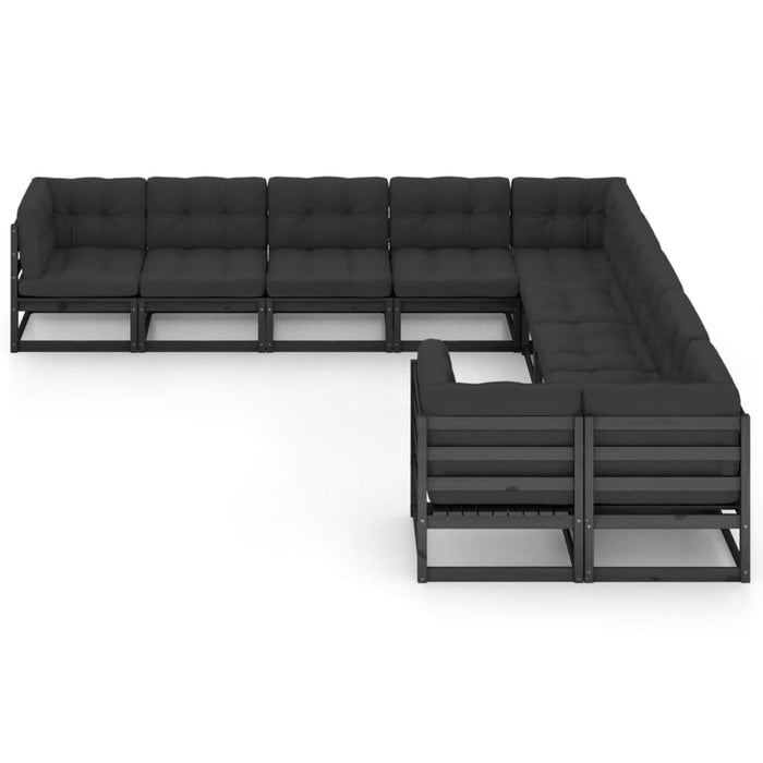 10-tlg. Garten-Lounge-Set mit Kissen Schwarz Kiefer Massivholz