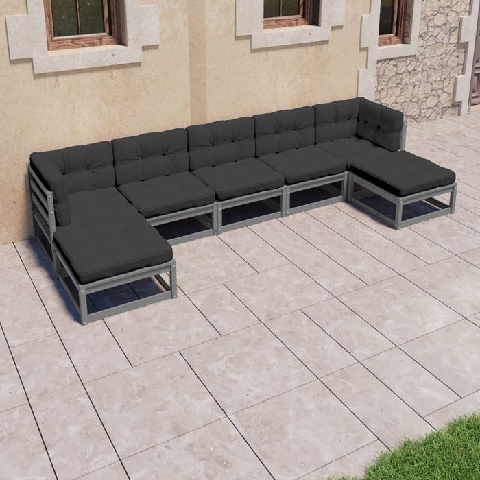 7-tlg. Garten-Lounge-Set mit Kissen Grau Kiefer Massivholz