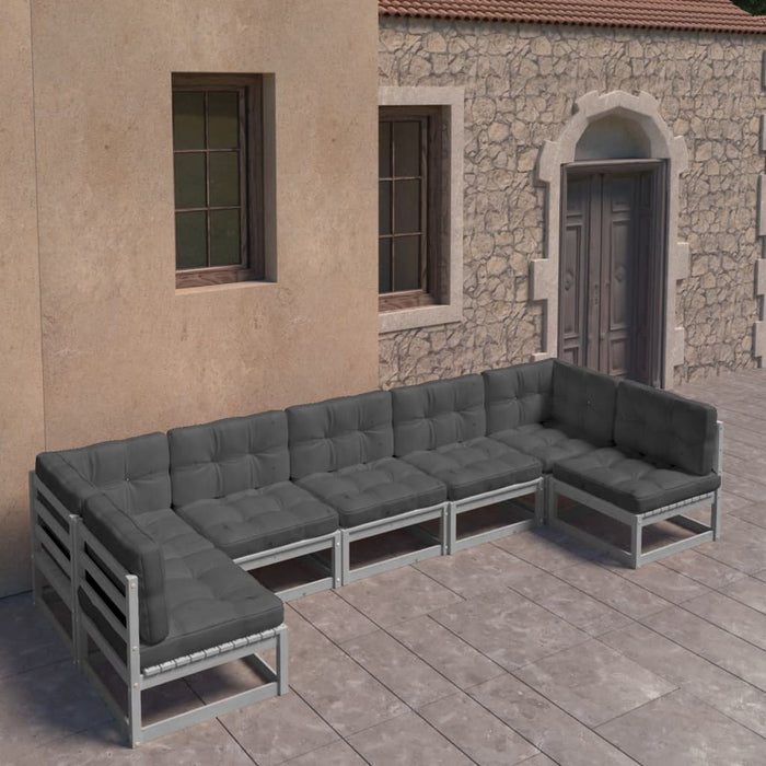 7-tlg. Garten-Lounge-Set mit Kissen Grau Kiefer Massivholz