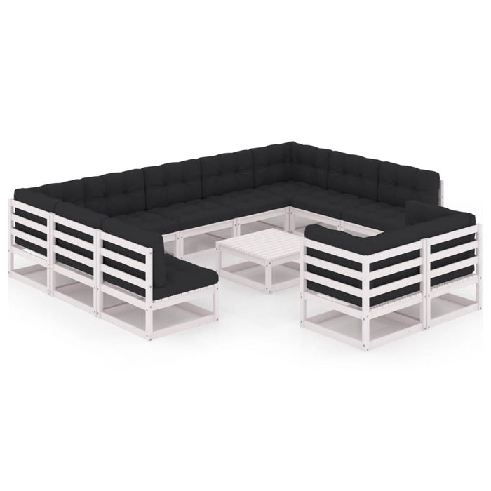 12-tlg. Garten-Lounge-Set mit Kissen Weiß Kiefer Massivholz