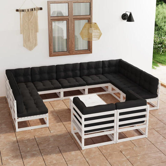 12-tlg. Garten-Lounge-Set mit Kissen Weiß Kiefer Massivholz
