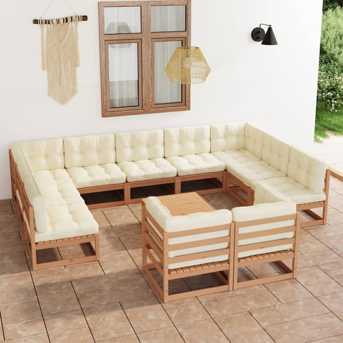 12-tlg. Garten-Lounge-Set Kissen Honigbraun Kiefer Massivholz
