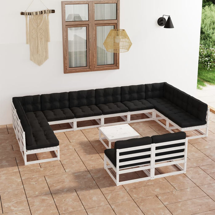 13-tlg. Garten-Lounge-Set mit Kissen Weiß Kiefer Massivholz