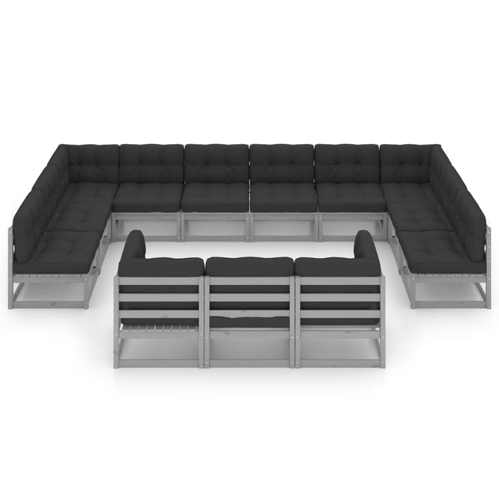 13-tlg. Garten-Lounge-Set mit Kissen Grau Kiefer Massivholz