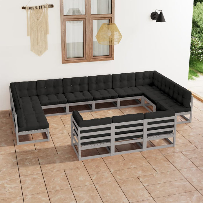 13-tlg. Garten-Lounge-Set mit Kissen Grau Kiefer Massivholz