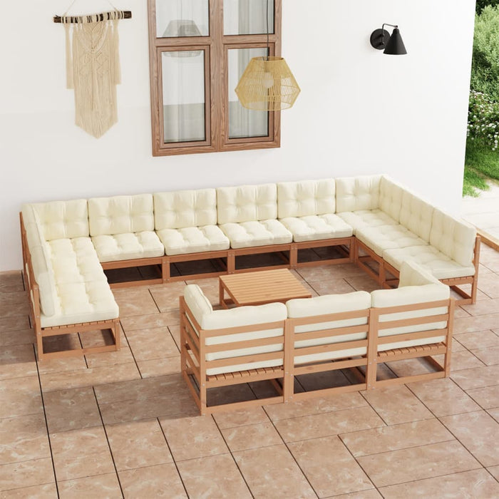 14-tlg. Garten-Lounge-Set Kissen Honigbraun Kiefer Massivholz