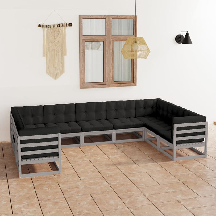 9-tlg. Garten-Lounge-Set mit Kissen Grau Kiefer Massivholz