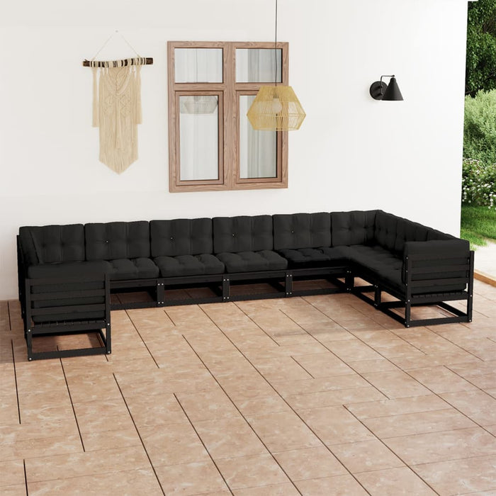 10-tlg. Garten-Lounge-Set mit Kissen Schwarz Kiefer Massivholz