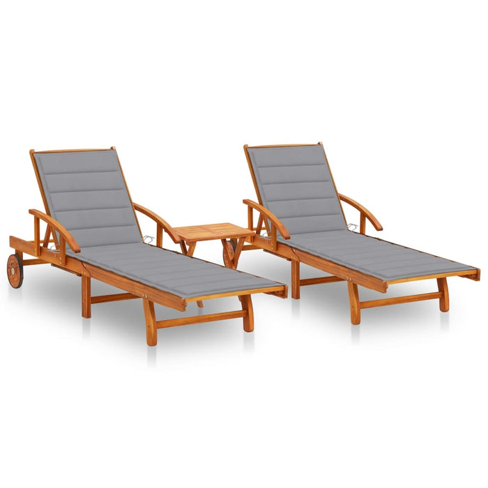 Sun loungers 2 pieces with table and cushions made of solid acacia wood