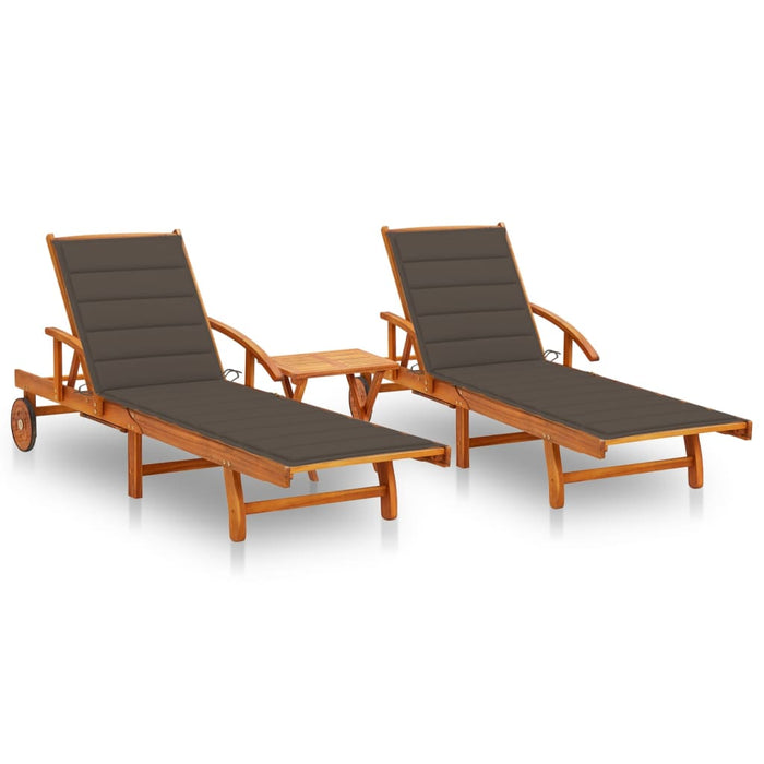 Sun loungers 2 pieces with table and cushions made of solid acacia wood