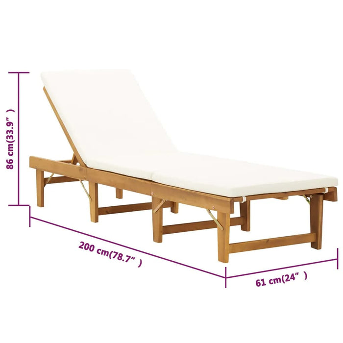 Foldable sun lounger with solid acacia wood cushion, cream white