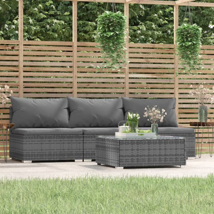 4-tlg. Garten-Lounge-Set mit Kissen Grau Poly Rattan