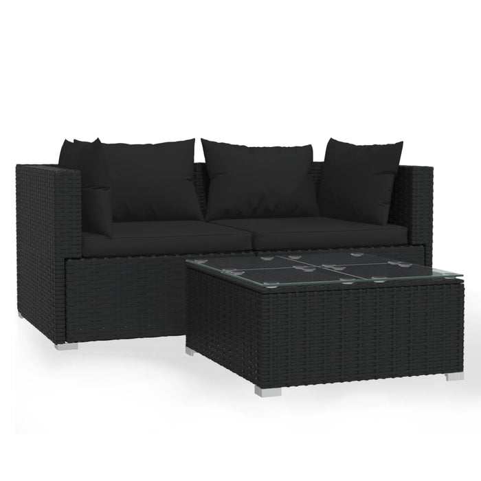 3-tlg. Garten-Lounge-Set mit Kissen Schwarz Poly Rattan