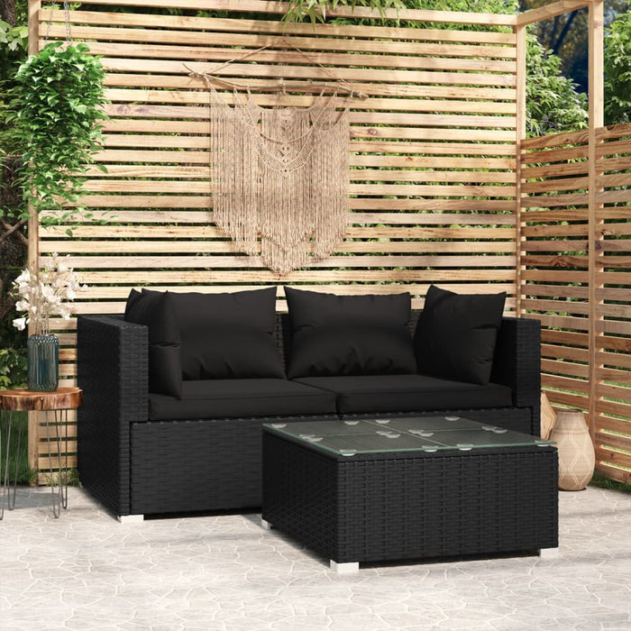 3-tlg. Garten-Lounge-Set mit Kissen Schwarz Poly Rattan