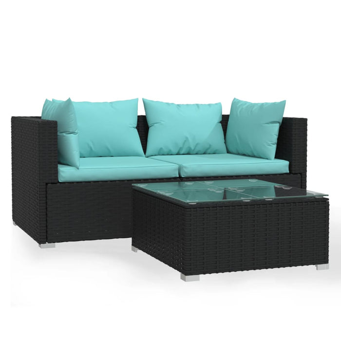 3-tlg. Garten-Lounge-Set mit Kissen Schwarz Poly Rattan