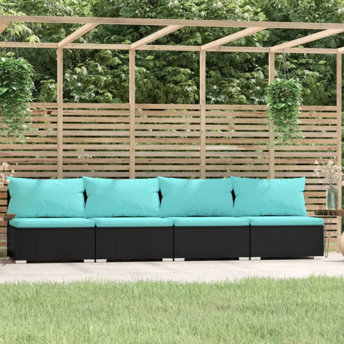 4-Sitzer-Sofa mit Kissen Schwarz Poly Rattan