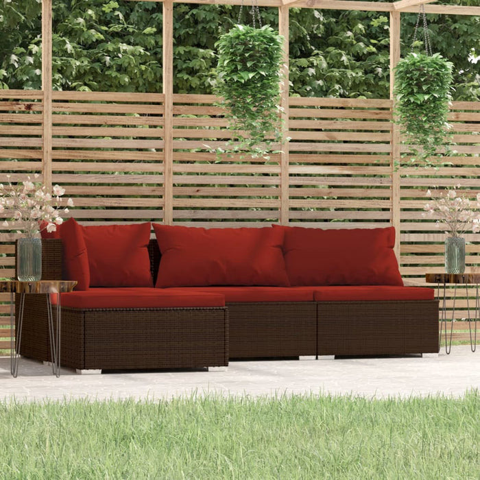 4-tlg. Garten-Lounge-Set mit Kissen Braun Poly Rattan