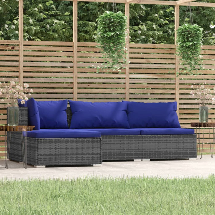 4-tlg. Garten-Lounge-Set mit Kissen Grau Poly Rattan