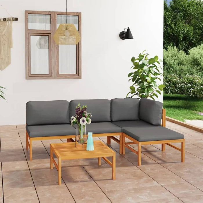 5-tlg. Garten-Lounge-Set mit Grauen Kissen Massivholz Teak